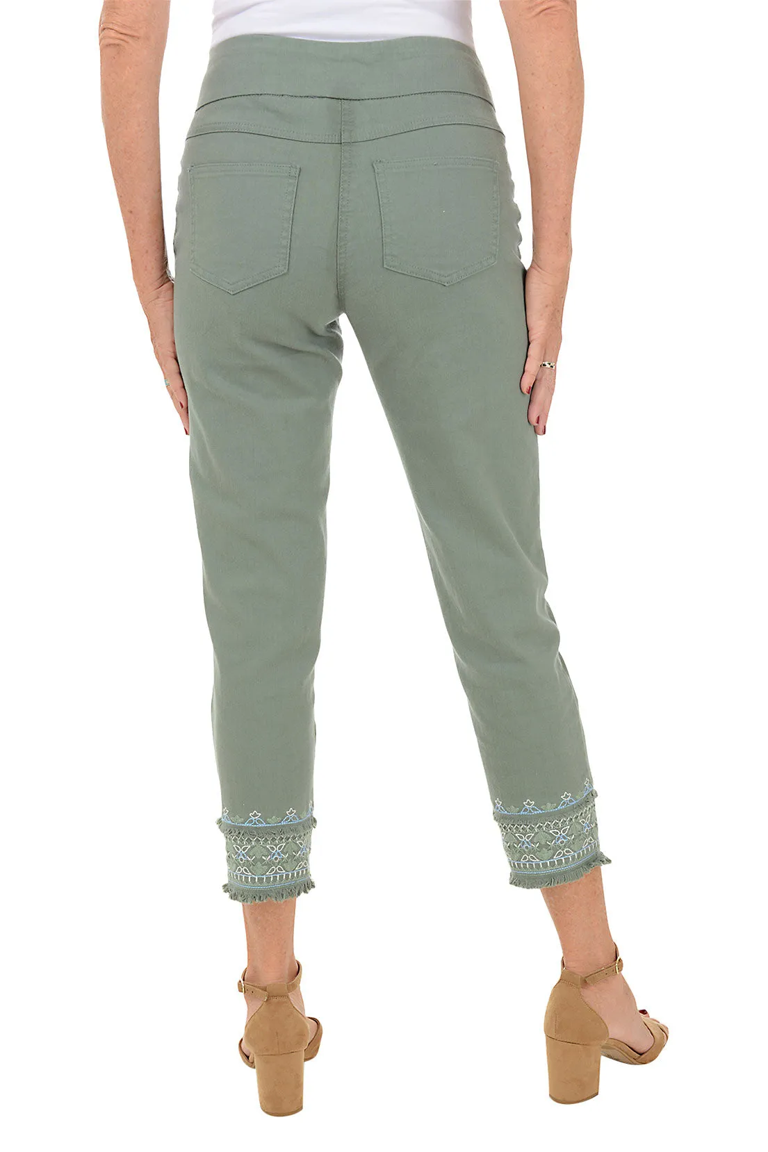 Paisley Patch Embroidered Green Denim Ankle Pant