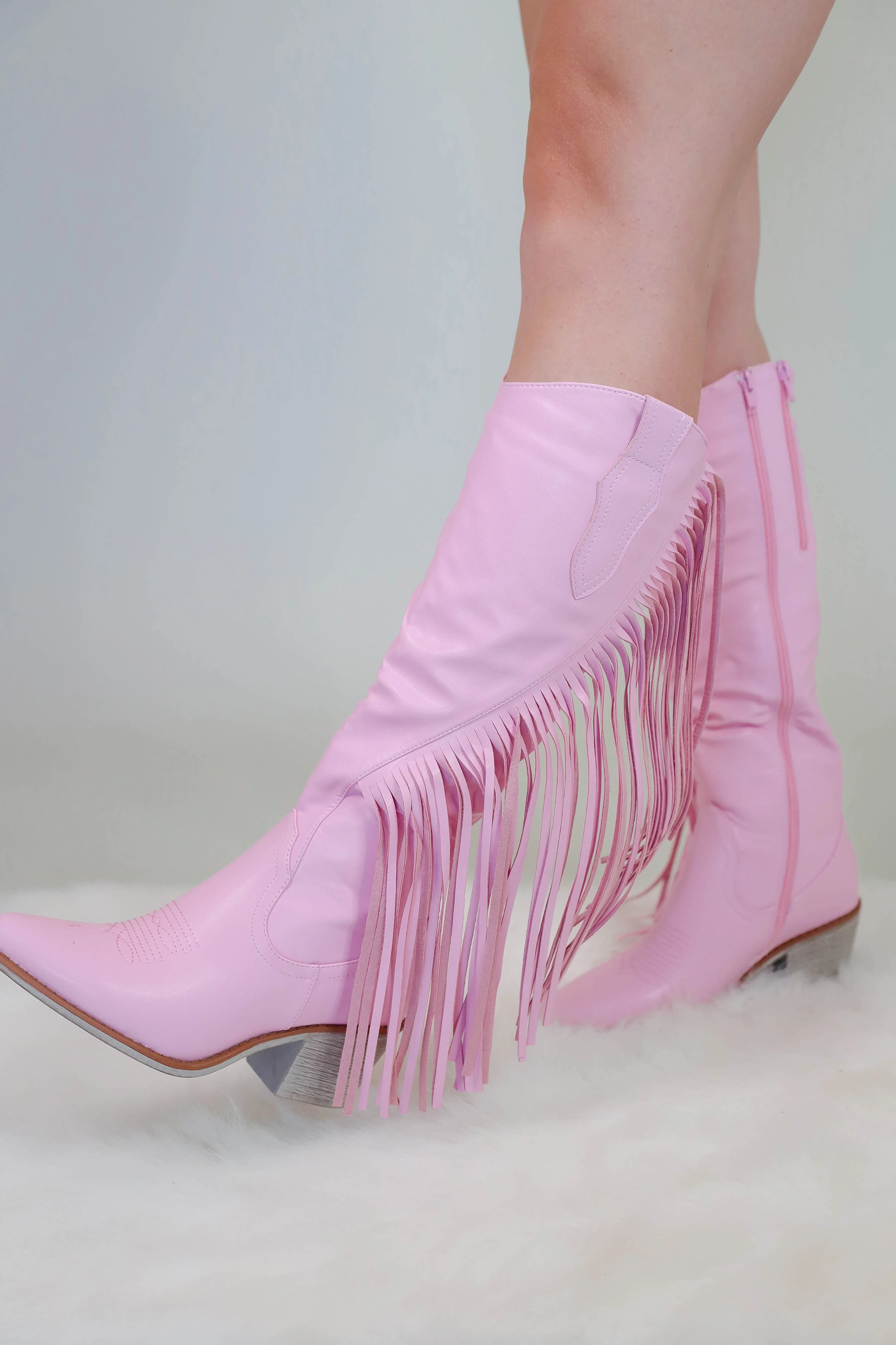 Priscilla Fringe Western Boots-Blush