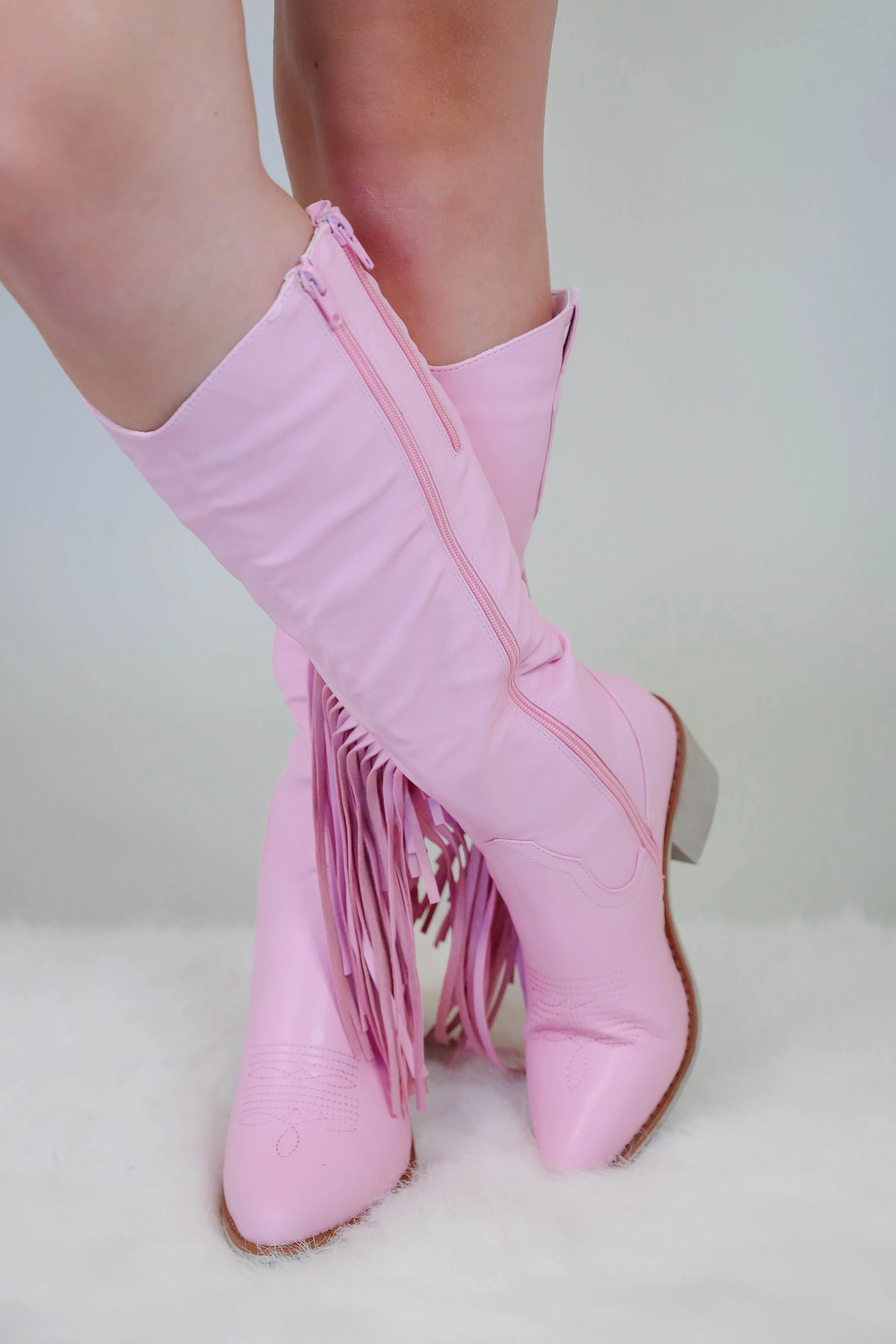 Priscilla Fringe Western Boots-Blush