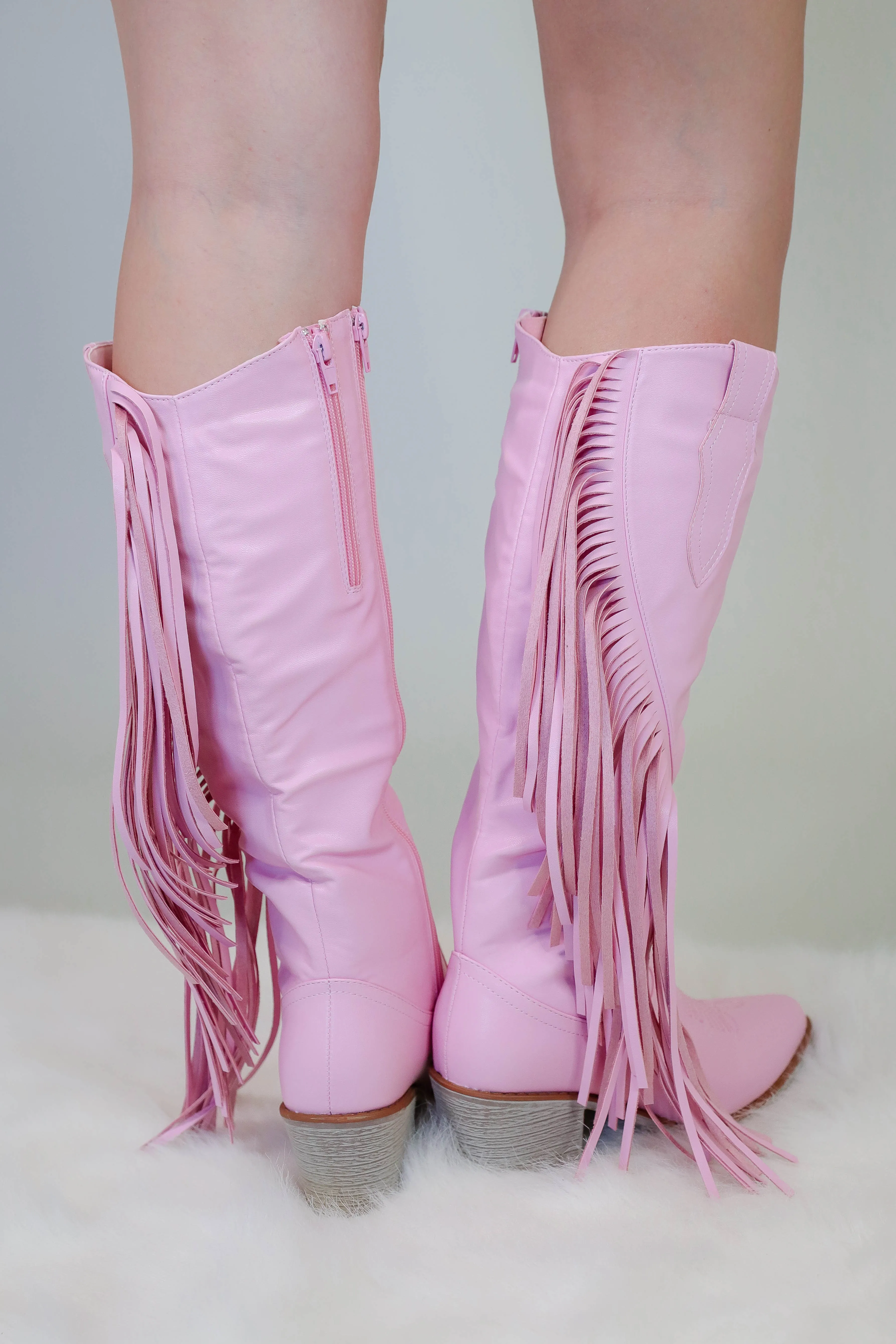 Priscilla Fringe Western Boots-Blush