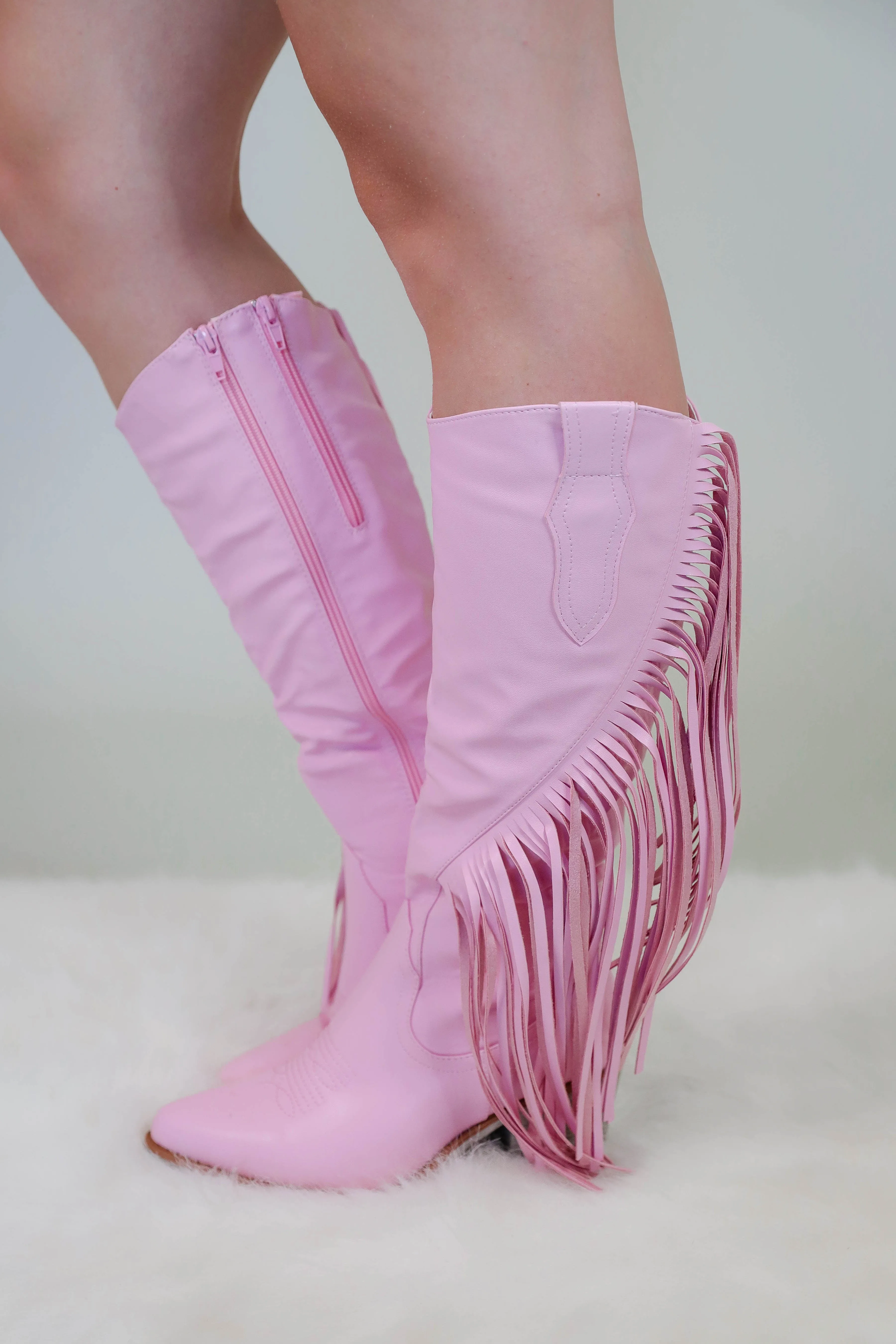 Priscilla Fringe Western Boots-Blush