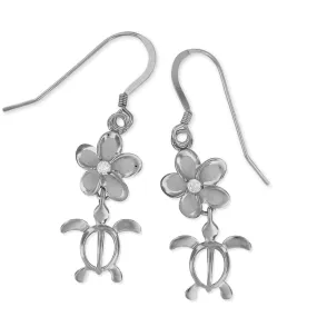 Rhodium Plated Sterling Silver Plumeria Turtle Dangle Earrings