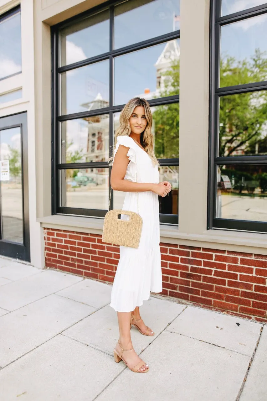 Ruffle Sleeve Surplice White Midi Dress