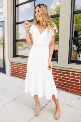 Ruffle Sleeve Surplice White Midi Dress