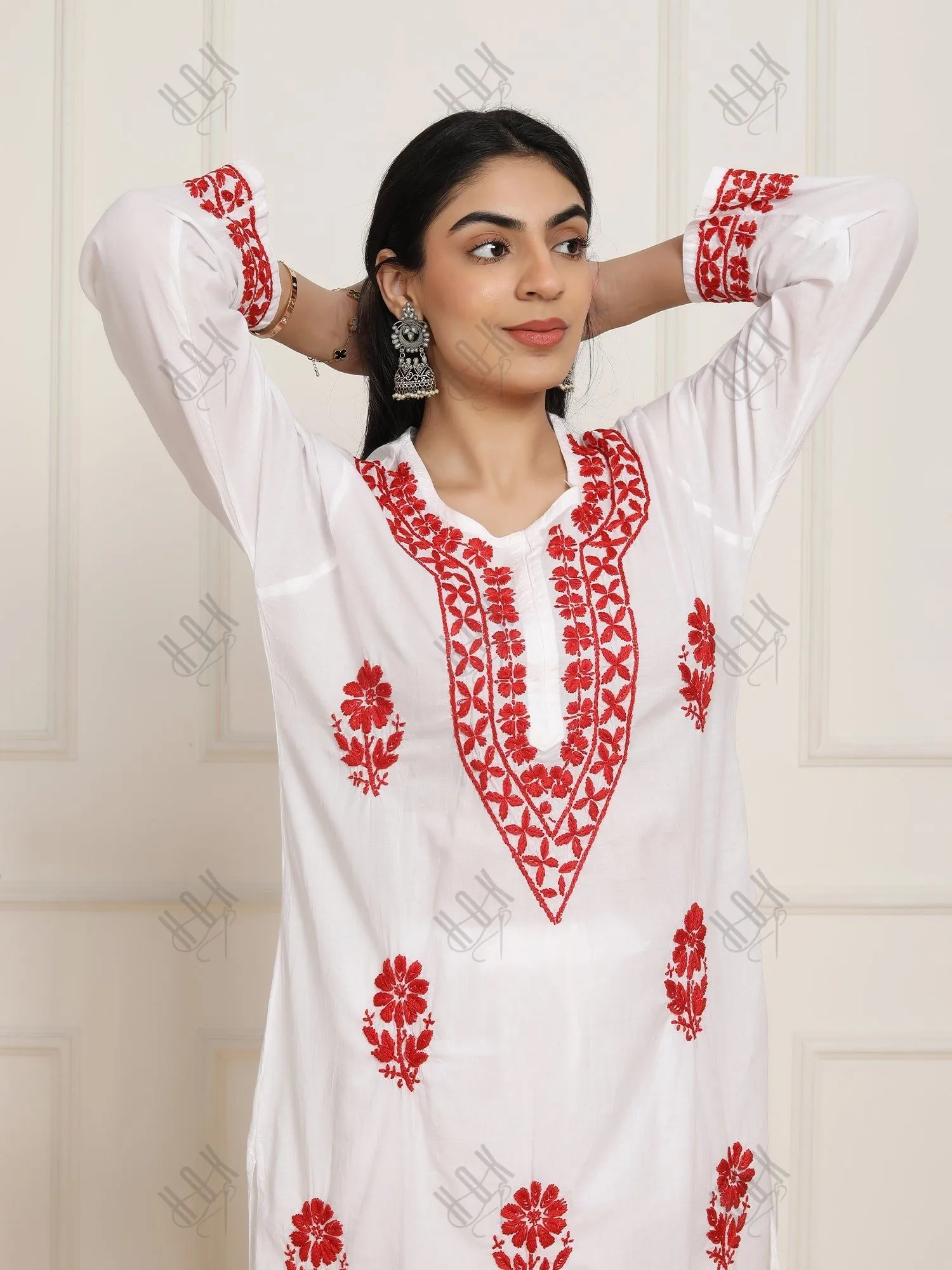 Saba Chikankari Set in  Mul cotton Kurta for Women - White with Red