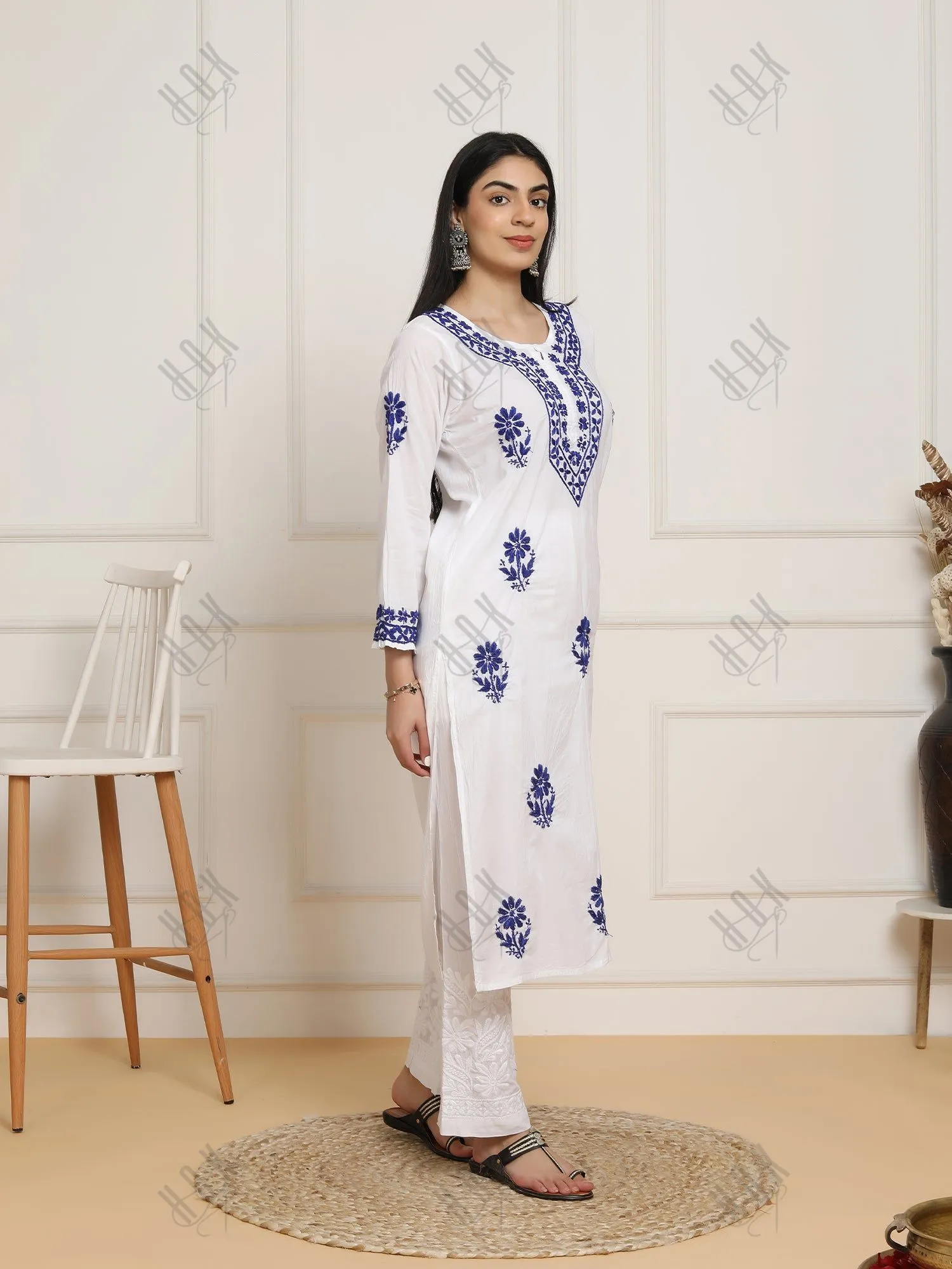 Saba Chikankari set in Mul cotton Kurta for Women - White with Sky Blue