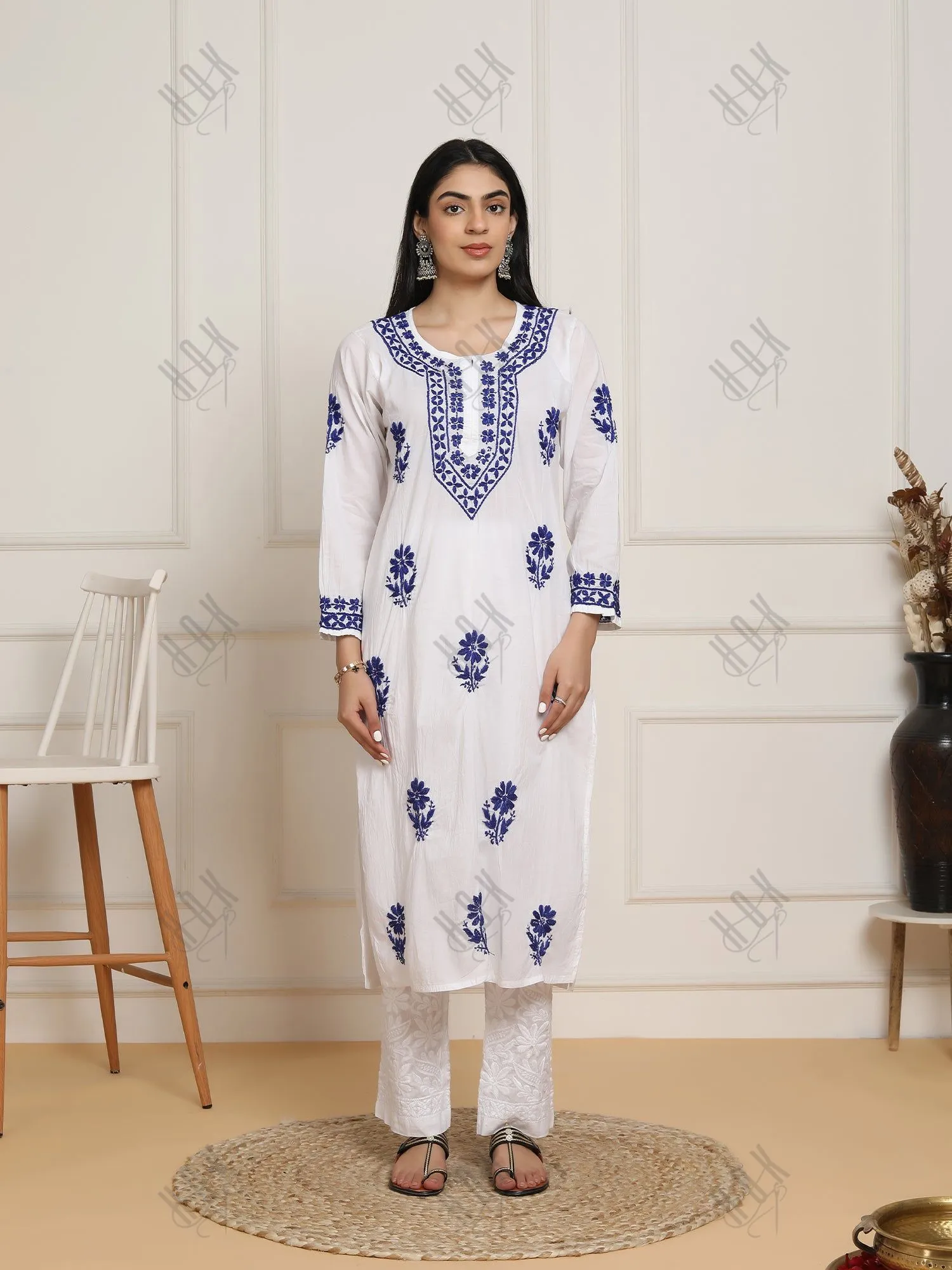 Saba Chikankari set in Mul cotton Kurta for Women - White with Sky Blue