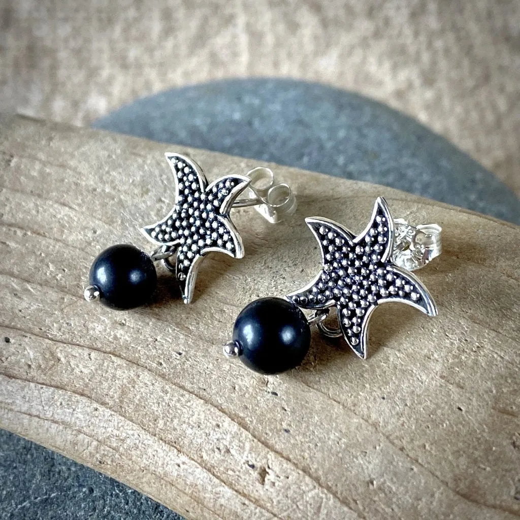 Shungite & Sterling Silver Starfish Post Earrings