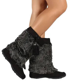 Soft Vegan Furry Suede Tassel Winter Flat Boot Black