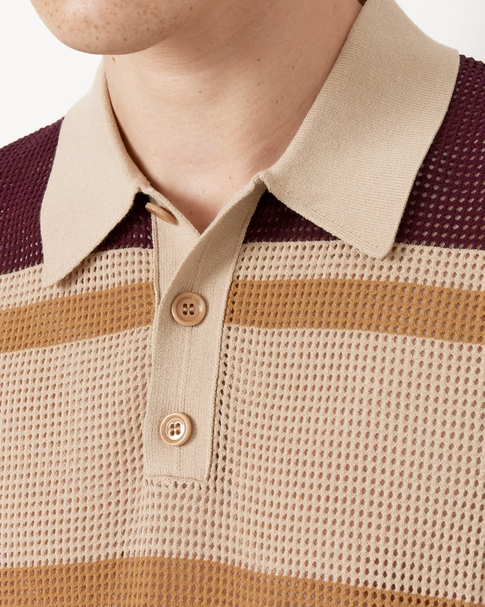 Striped Spread Collar Polo in Beige