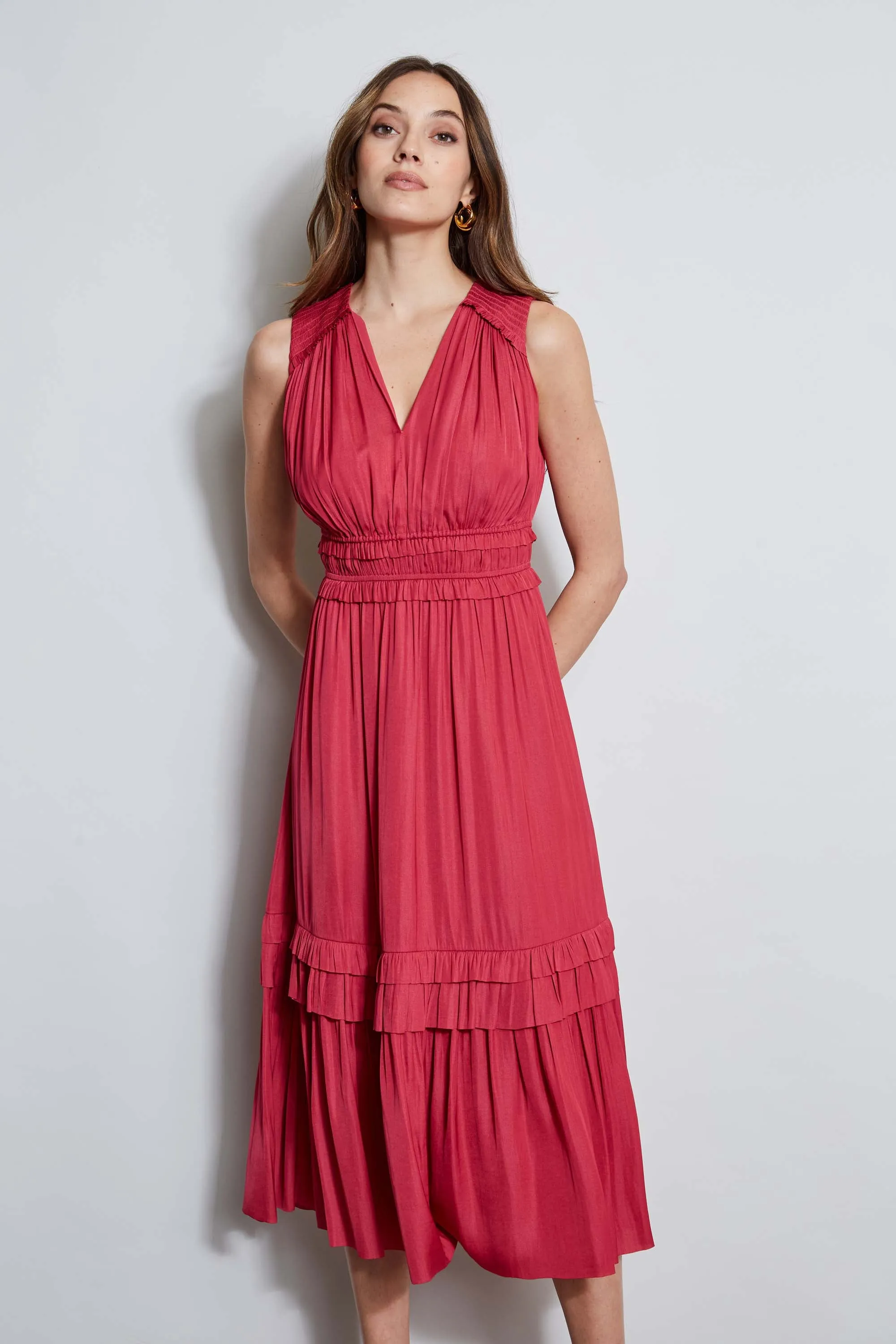 T-Tahari Smocked Sleeveless Midi Dress