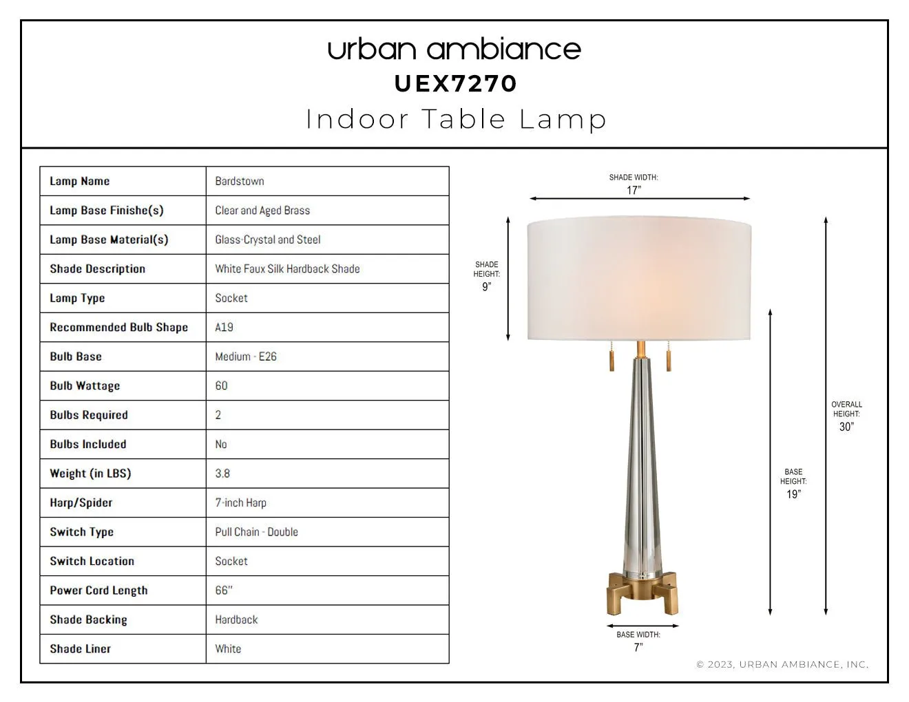 UEX7270 Contemporary Table Lamp 17''W x 17''D x 30''H, Clear and Aged Brass Finish, Bardstown Collection