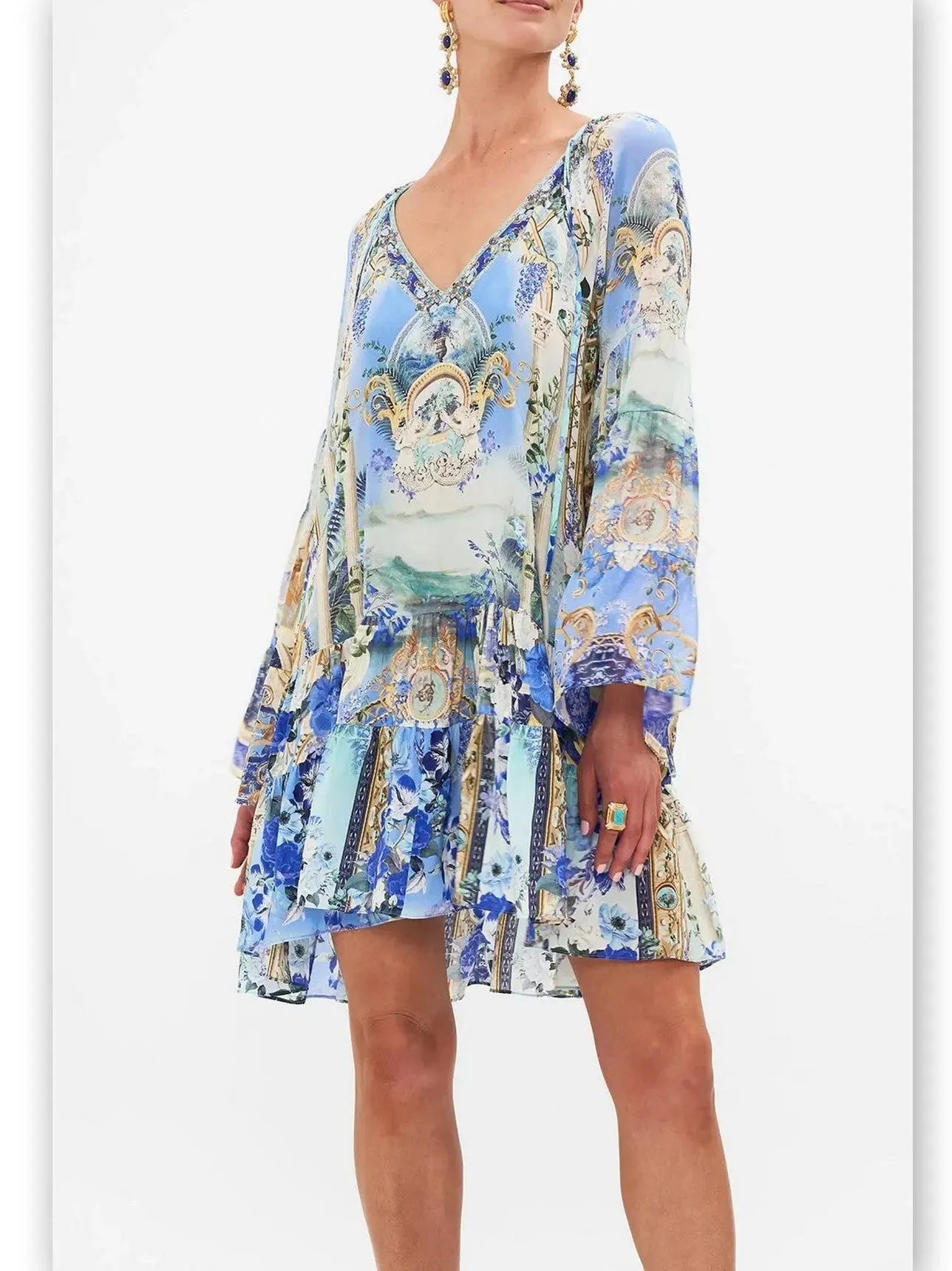 Women’s A-Line Gathered Panel V-Neck Print Dress