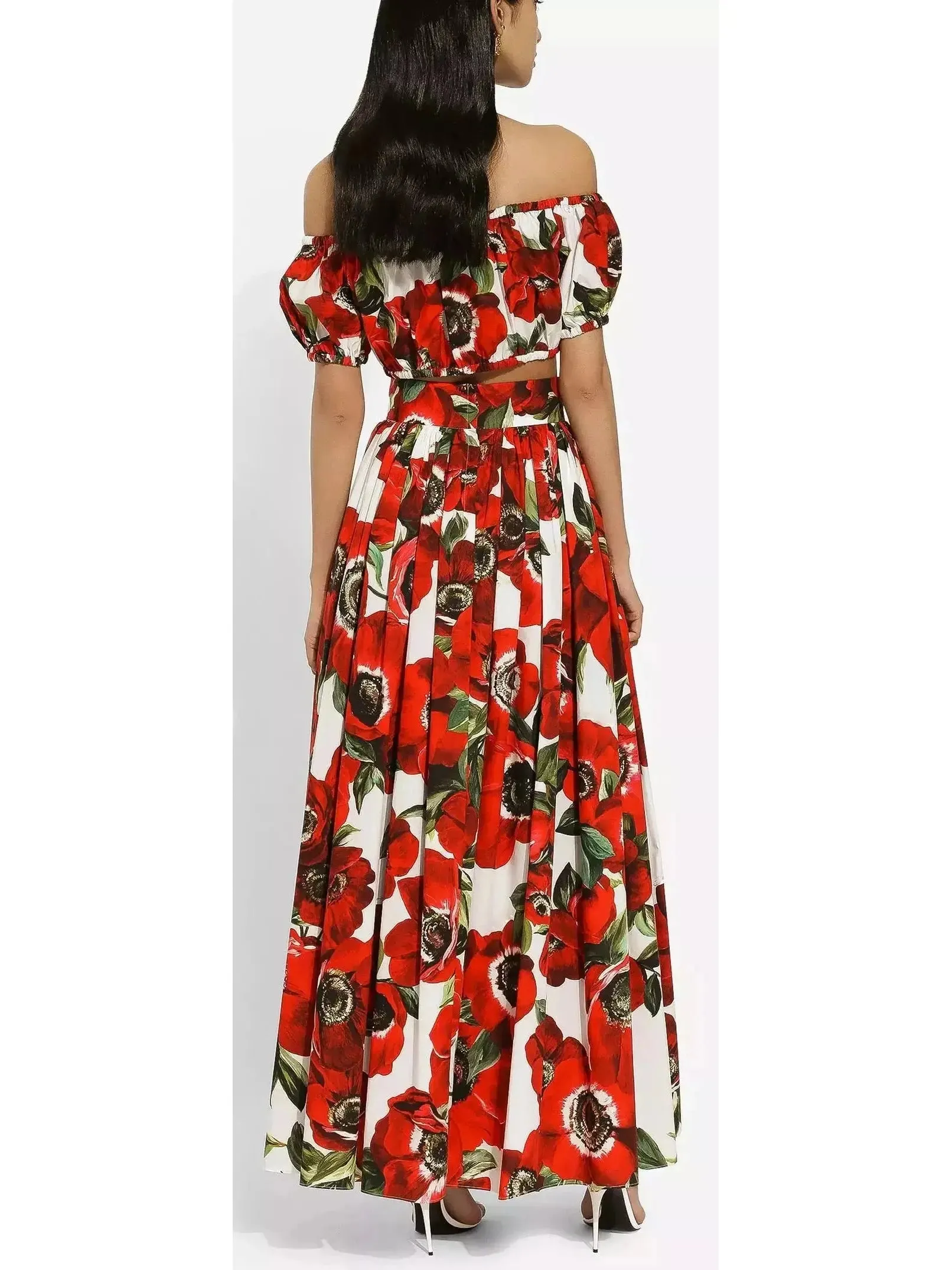 Women’s Anemone Floral Printed Cotton Poplin Bardot-Neck Crop Top and Maxi Skirt Set