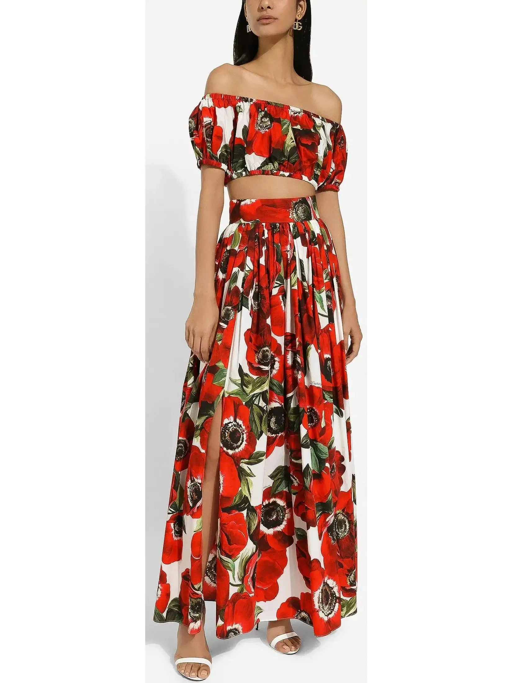 Women’s Anemone Floral Printed Cotton Poplin Bardot-Neck Crop Top and Maxi Skirt Set