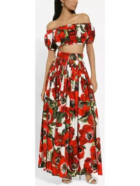 Women’s Anemone Floral Printed Cotton Poplin Bardot-Neck Crop Top and Maxi Skirt Set