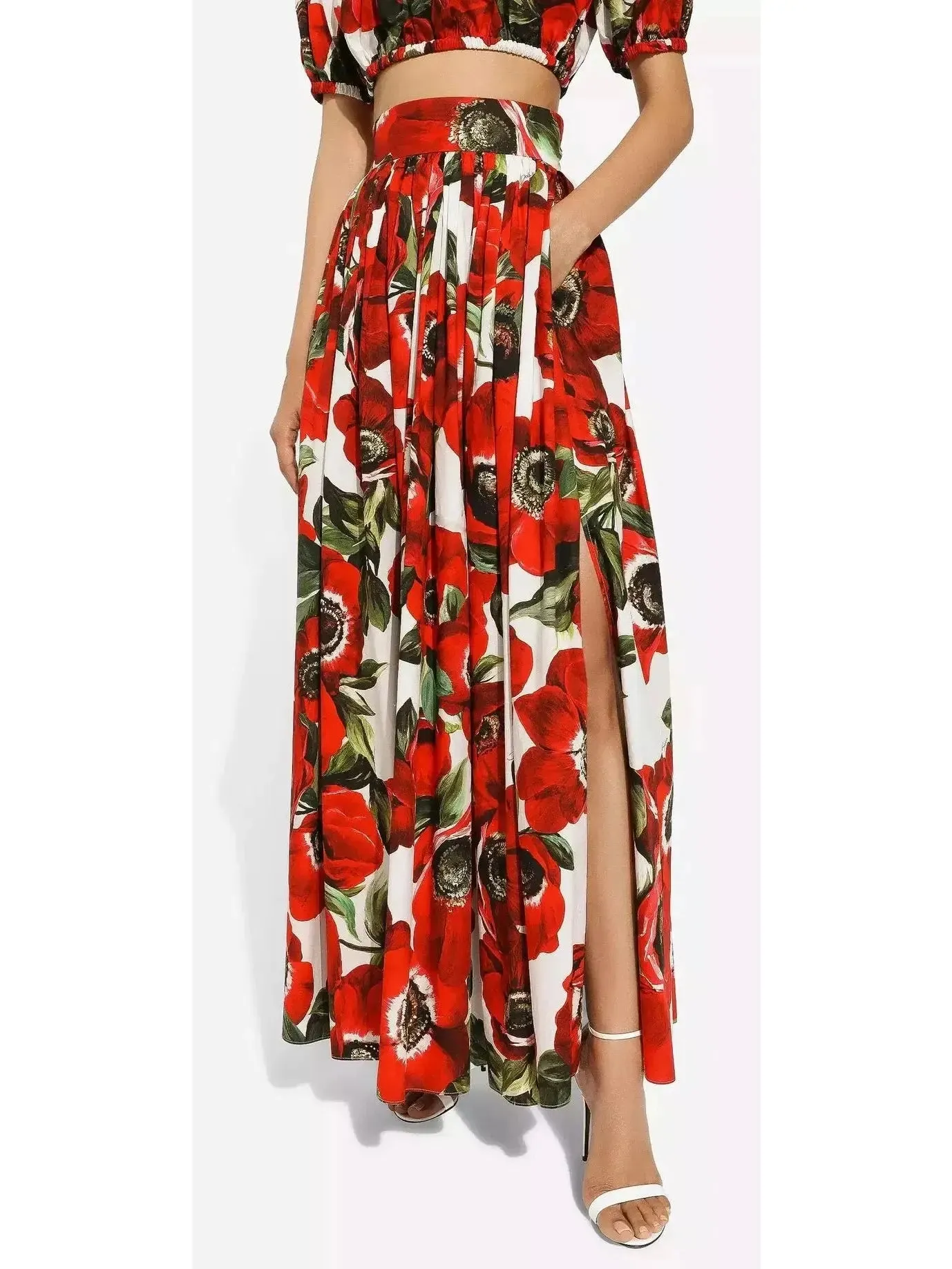 Women’s Anemone Floral Printed Cotton Poplin Bardot-Neck Crop Top and Maxi Skirt Set