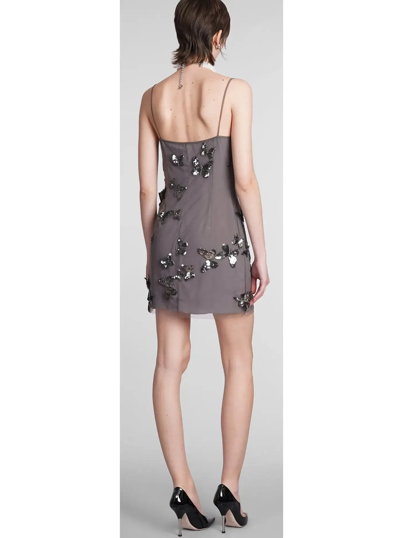 Women’s Backless Butterfly-Sequin-Applique Mesh-Overlay Mini Dress