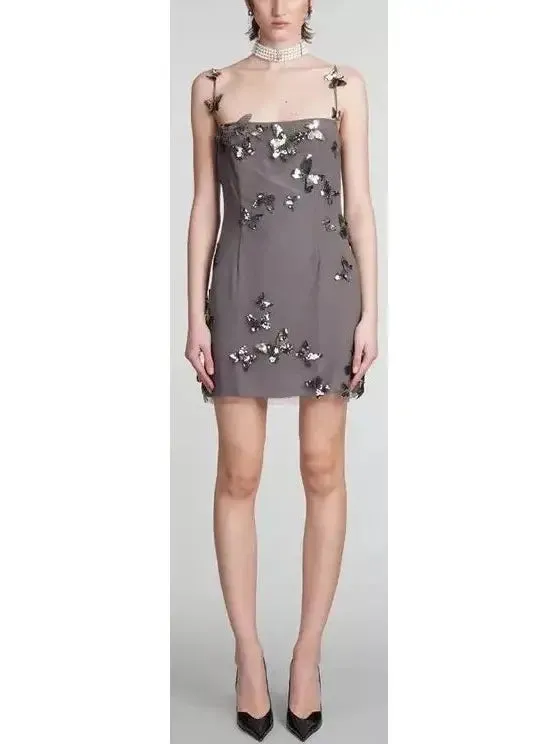 Women’s Backless Butterfly-Sequin-Applique Mesh-Overlay Mini Dress