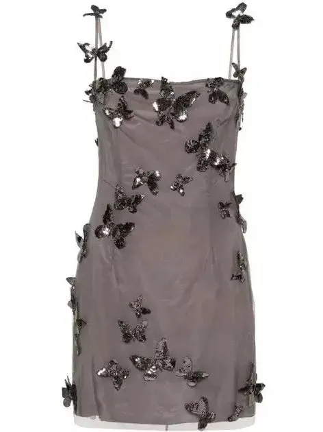 Women’s Backless Butterfly-Sequin-Applique Mesh-Overlay Mini Dress