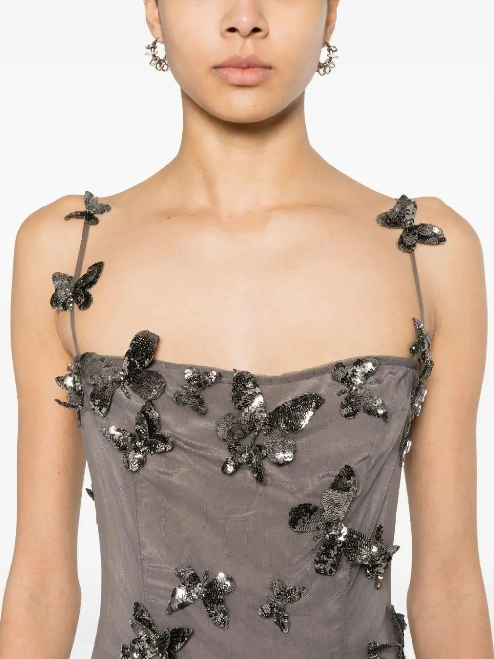 Women’s Backless Butterfly-Sequin-Applique Mesh-Overlay Mini Dress