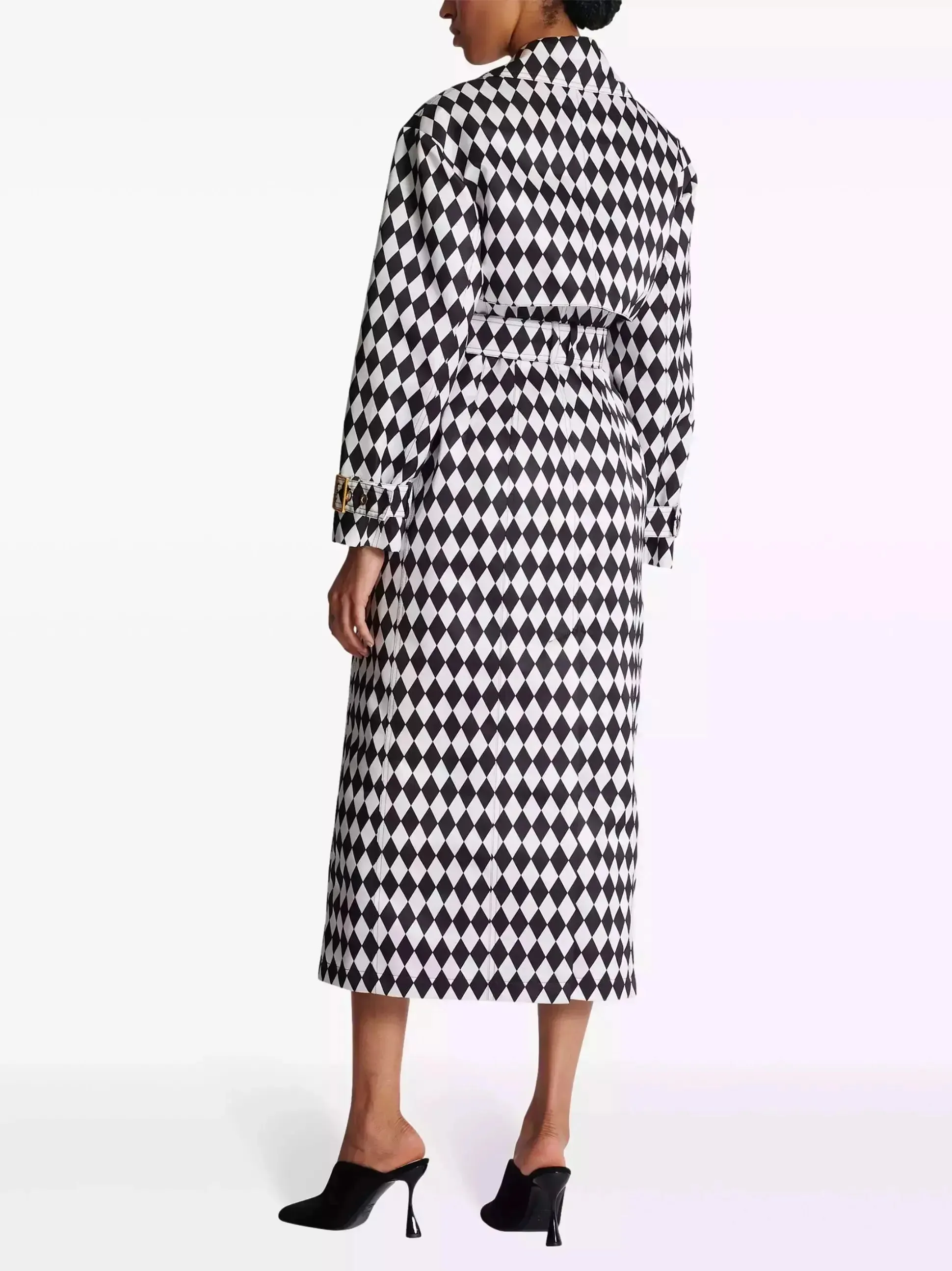 Women’s Belted Black and White Diamond Pattern Double-Breasted Trench Coat