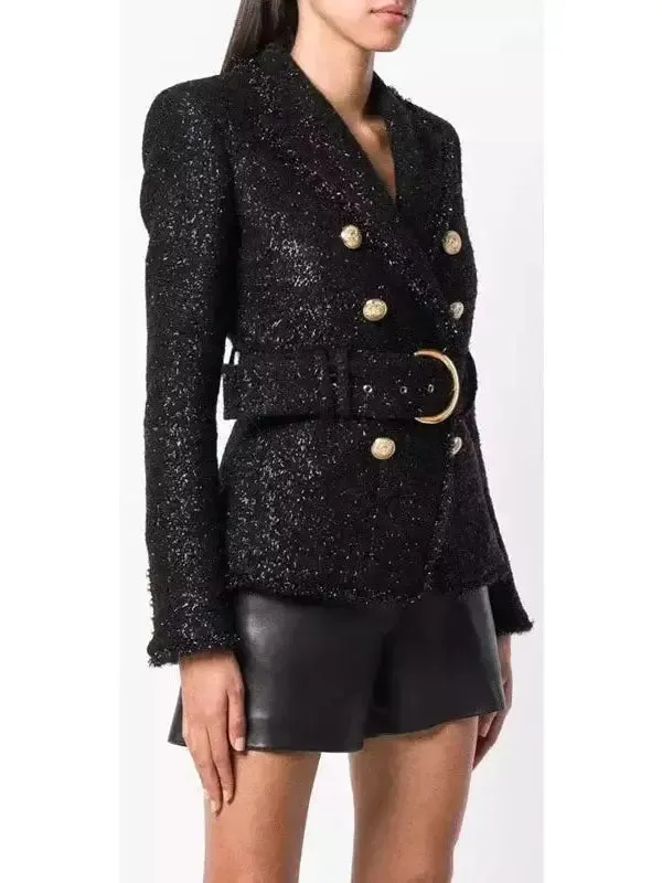 Women’s Belted Black Tweed Double-Breasted Jacket