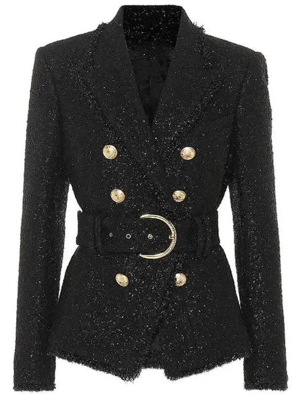 Women’s Belted Black Tweed Double-Breasted Jacket