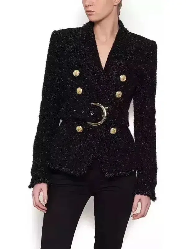 Women’s Belted Black Tweed Double-Breasted Jacket