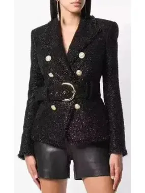 Women’s Belted Black Tweed Double-Breasted Jacket