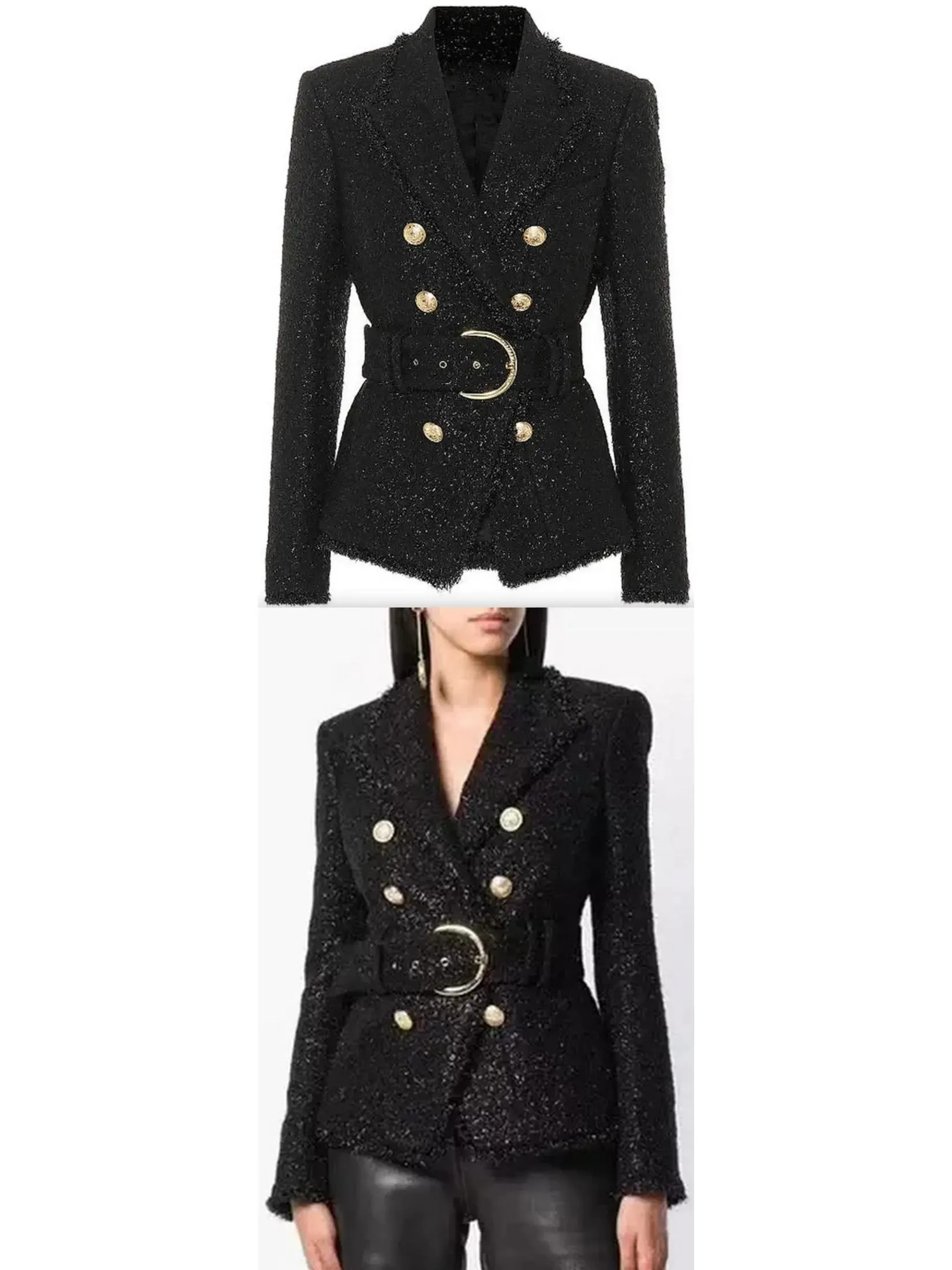 Women’s Belted Black Tweed Double-Breasted Jacket