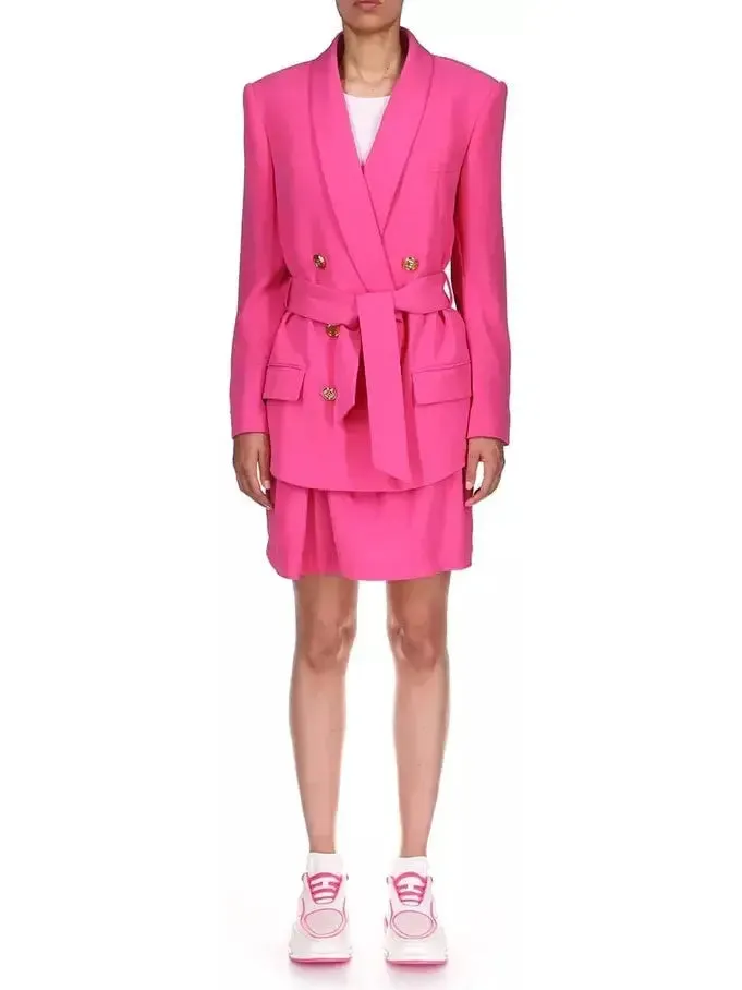 Women’s Belted Double-Breasted Fuchsia Pink Blazer