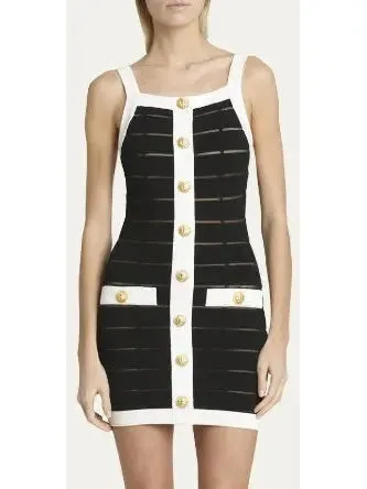 Women’s Black and White Sheer Panel Buttoned Tank Mini Dress