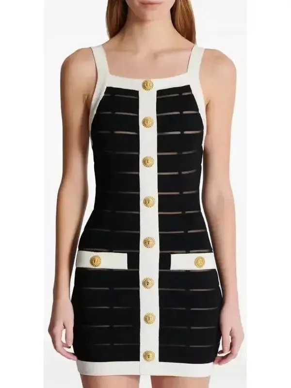 Women’s Black and White Sheer Panel Buttoned Tank Mini Dress