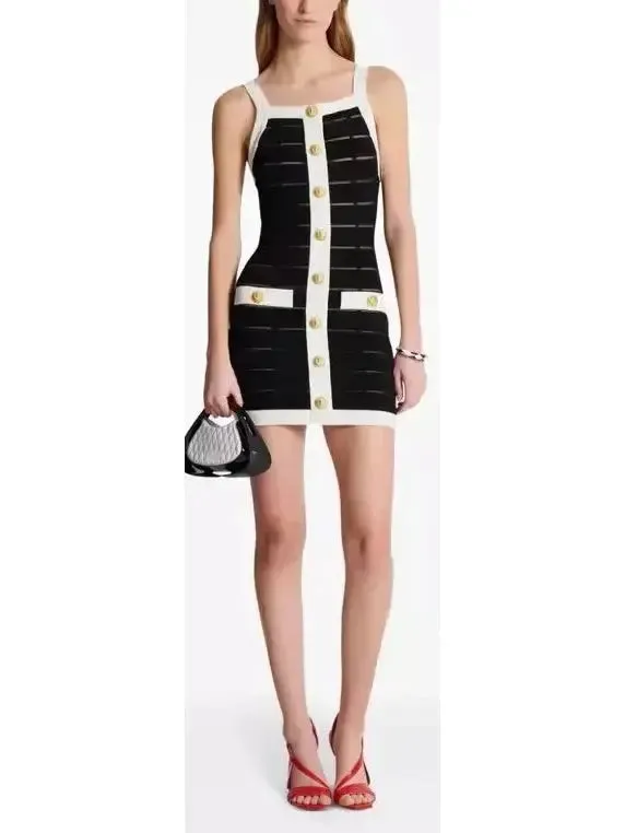 Women’s Black and White Sheer Panel Buttoned Tank Mini Dress