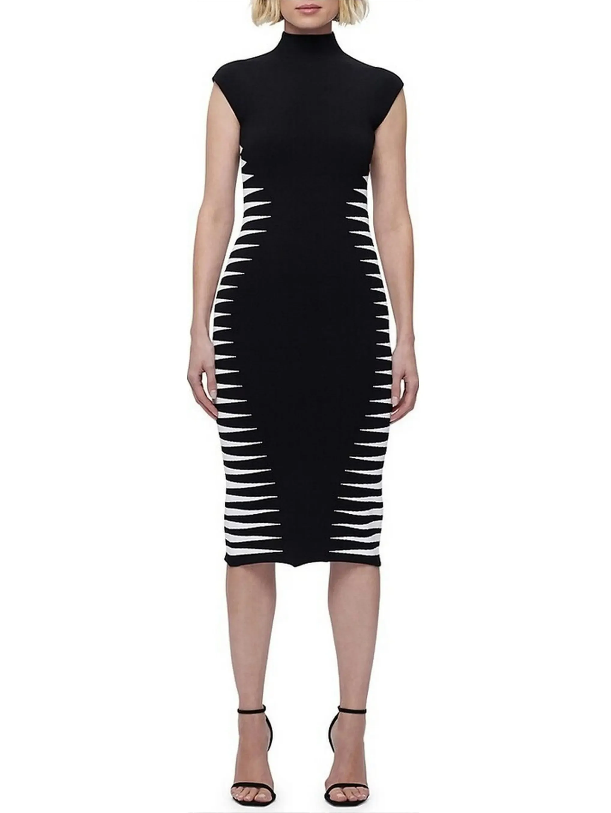 Women’s Black and White Side-Stripe Mock-Neck Midi Dress