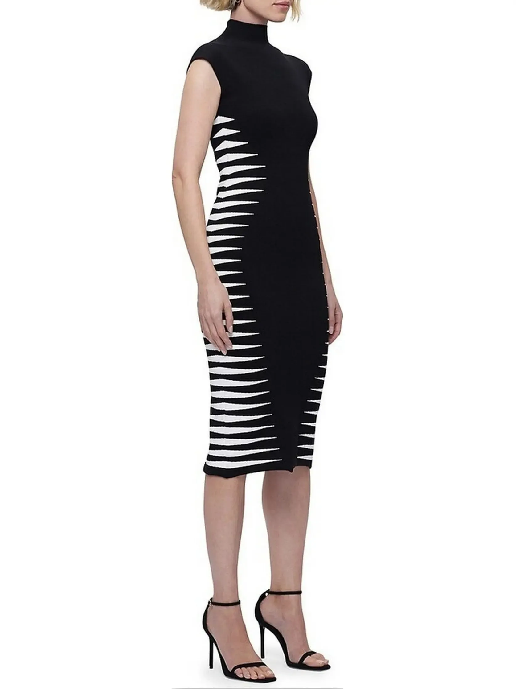 Women’s Black and White Side-Stripe Mock-Neck Midi Dress