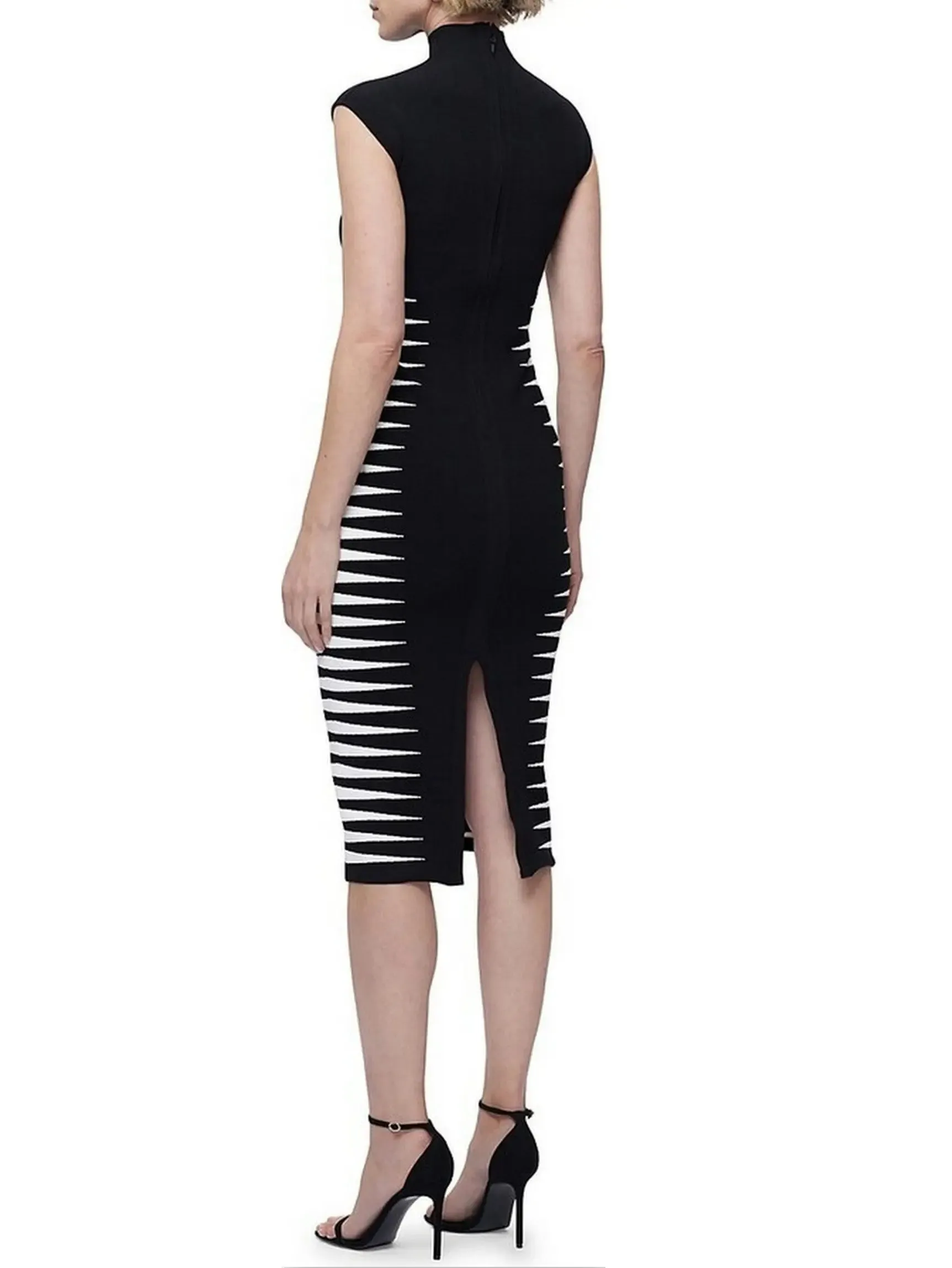 Women’s Black and White Side-Stripe Mock-Neck Midi Dress