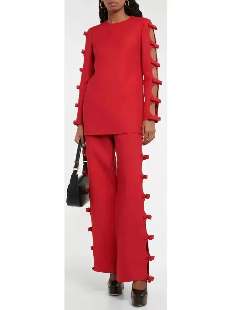 Women’s Bow-Trimmed Long-Sleeve Top and Pant Set in Red