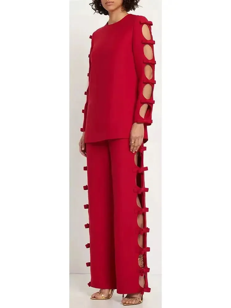 Women’s Bow-Trimmed Long-Sleeve Top and Pant Set in Red