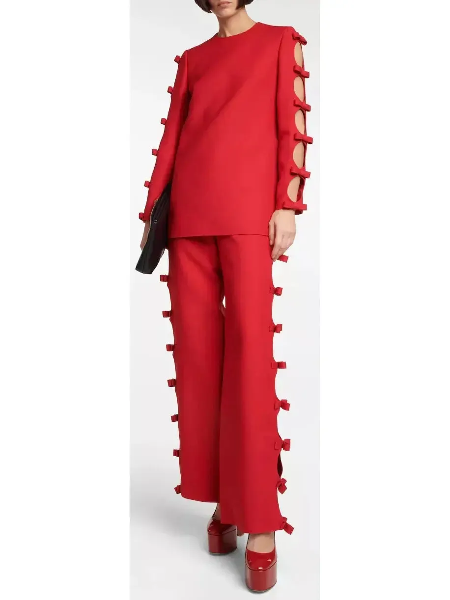 Women’s Bow-Trimmed Long-Sleeve Top and Pant Set in Red