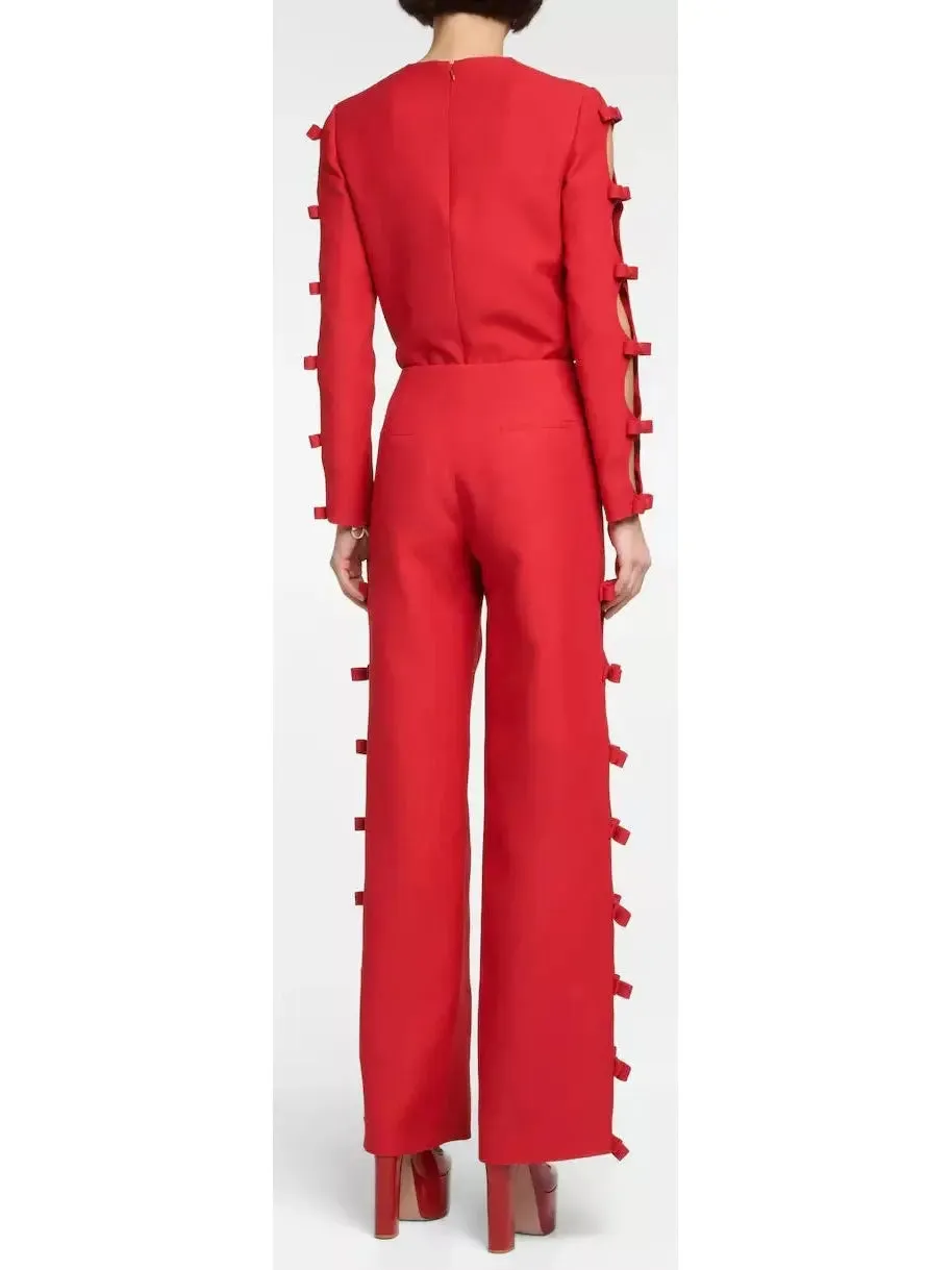 Women’s Bow-Trimmed Long-Sleeve Top and Pant Set in Red