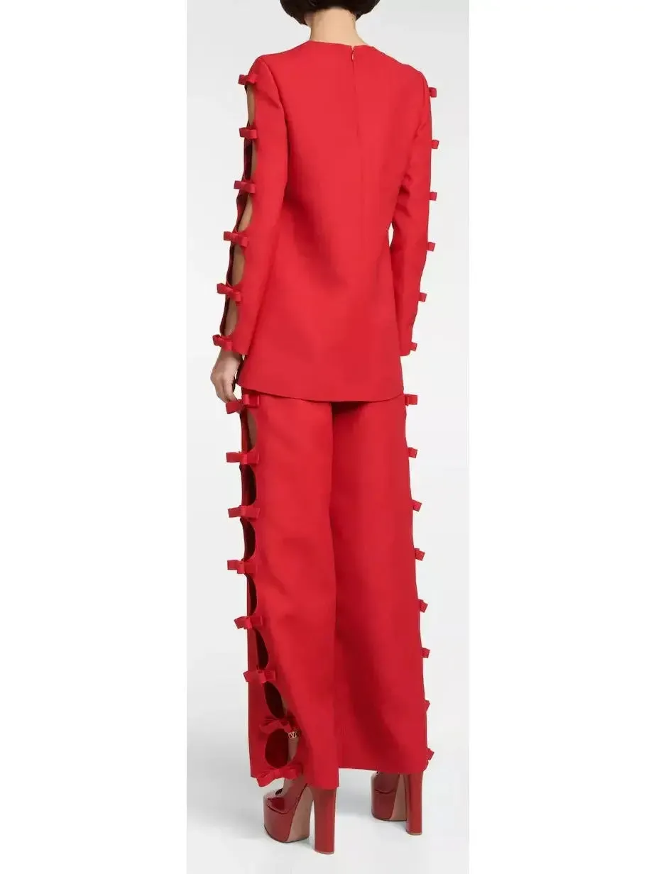 Women’s Bow-Trimmed Long-Sleeve Top and Pant Set in Red