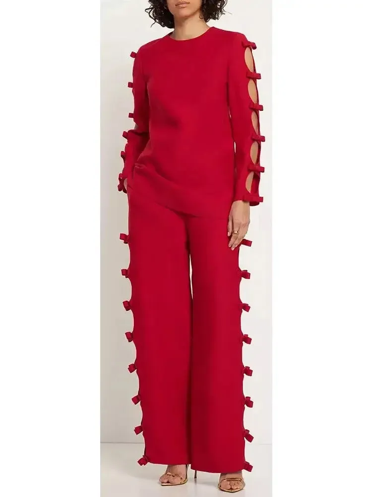 Women’s Bow-Trimmed Long-Sleeve Top and Pant Set in Red