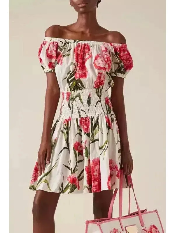 Women’s Carnation Print Off-The-Shoulder Mini Dress