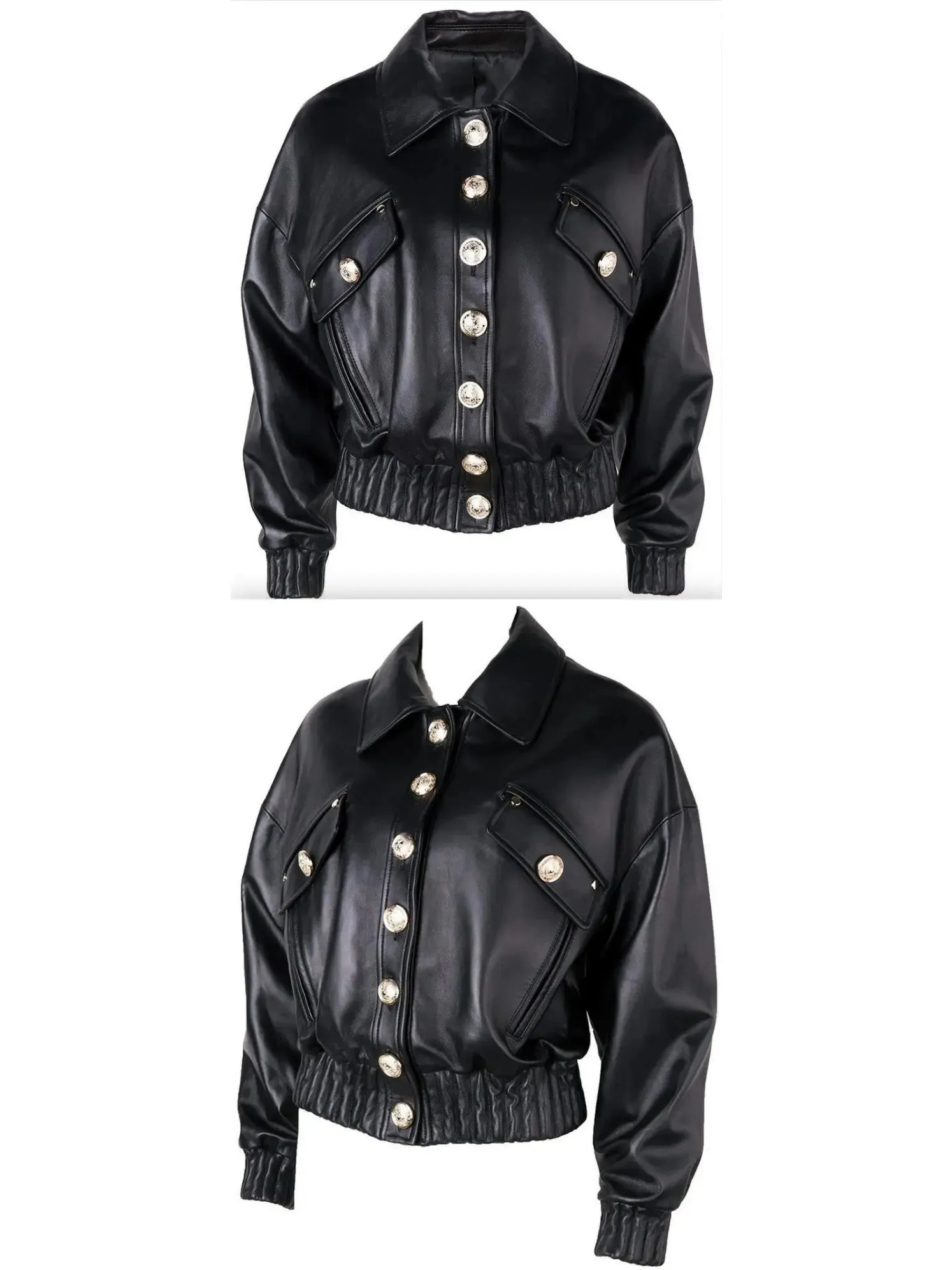 Women’s Cropped Buttoned Black Leather Jacket