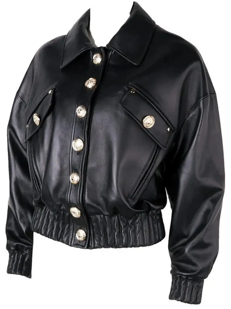 Women’s Cropped Buttoned Black Leather Jacket