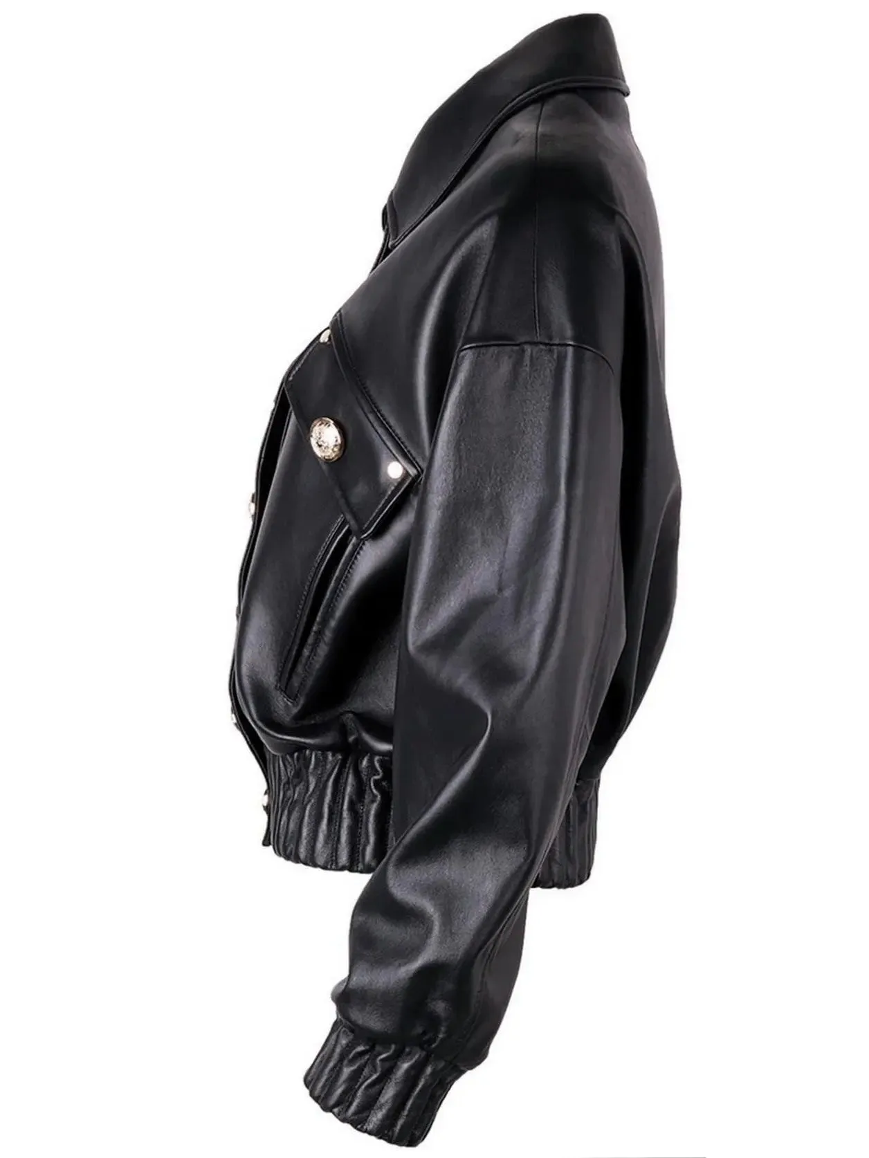 Women’s Cropped Buttoned Black Leather Jacket