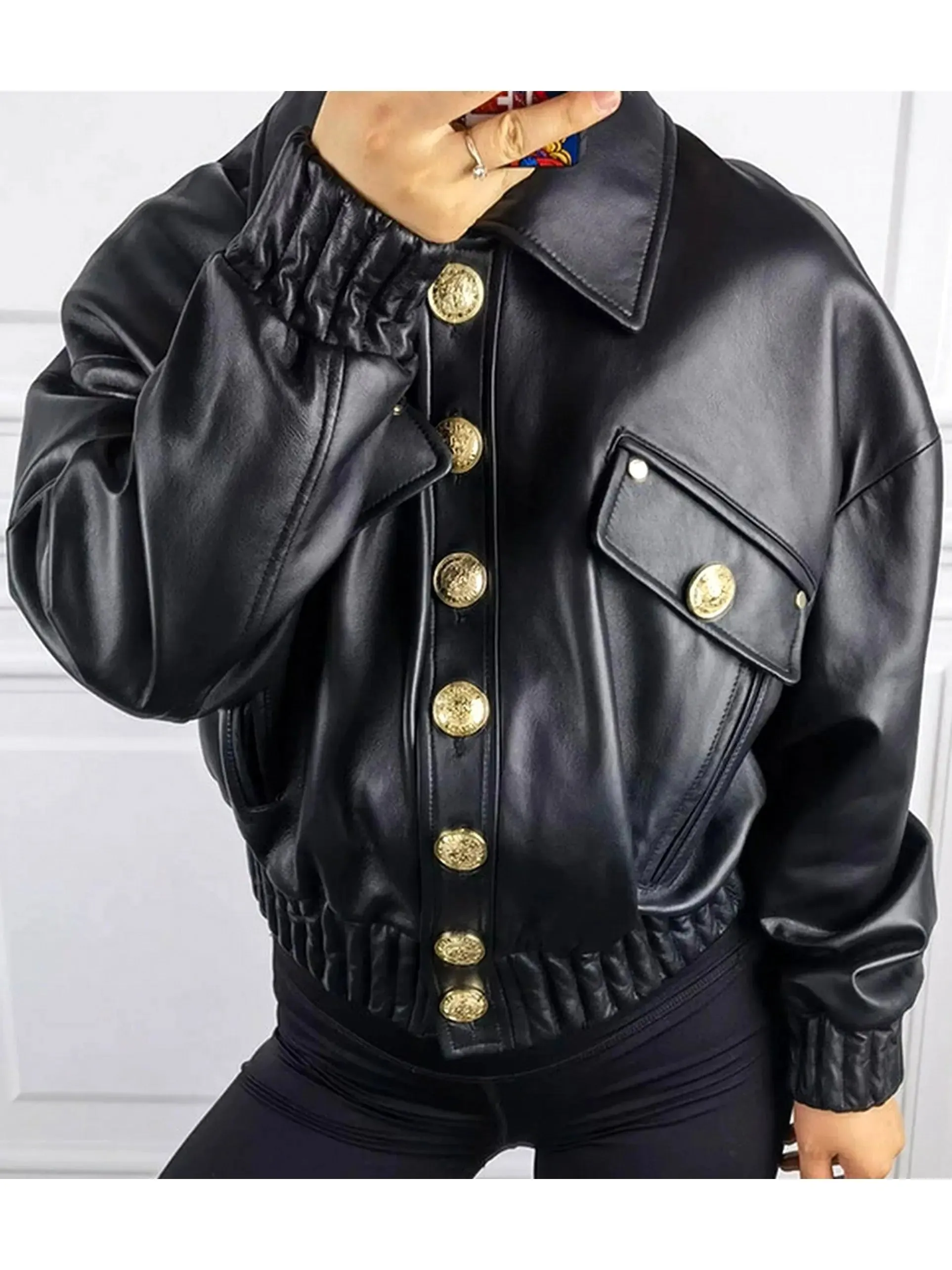 Women’s Cropped Buttoned Black Leather Jacket