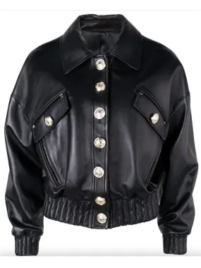 Women’s Cropped Buttoned Black Leather Jacket